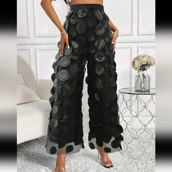 Women's Floral Embroidered Mesh Wide Leg Pants - Picture 1 of 6